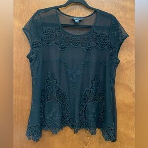 Karen Kane black asymmetrical embroidered sheer lace blouse